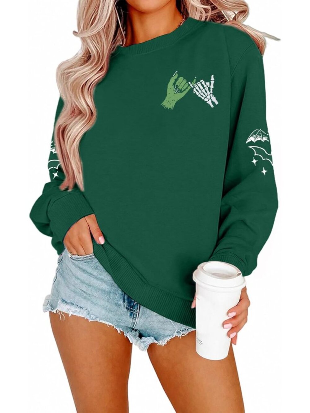 🆕 Women's Green Witch Skeleton Hand Pinky Promise Bat Sleeve Crewneck Top